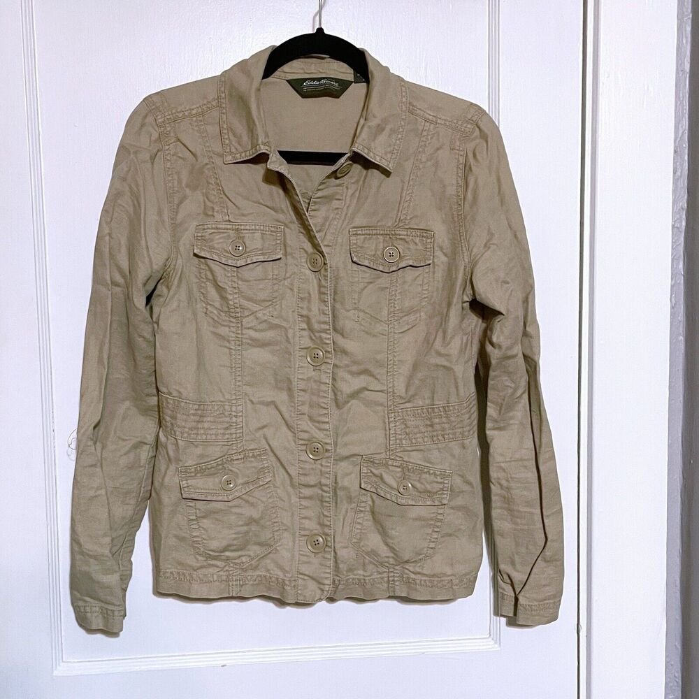 Eddie Bauer Women's Size S Field Jacket Linen Khaki Tan Safari Cargo Shacket